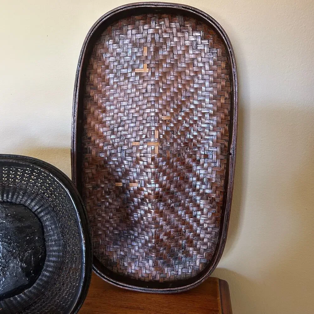 Vintage, Hand-Woven Chinese Bamboo and Rattan Basket, Black Lacquer